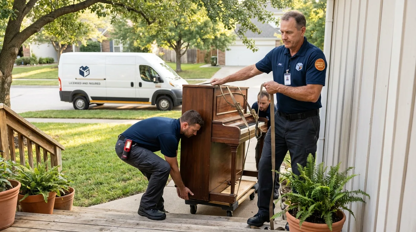 Licensed piano movers securing grand piano in Stedman, NC