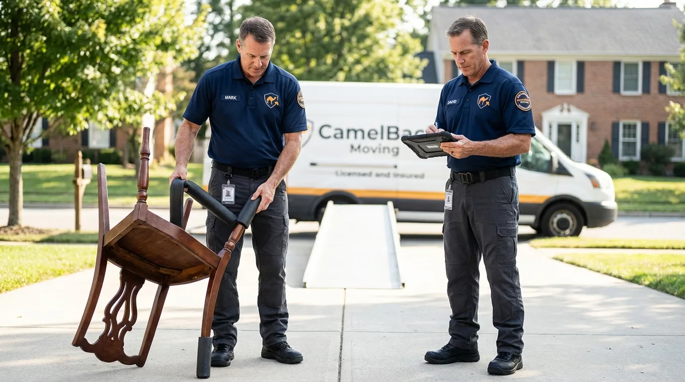 Movers inspecting furniture for damage prevention before loading in Stedman, NC