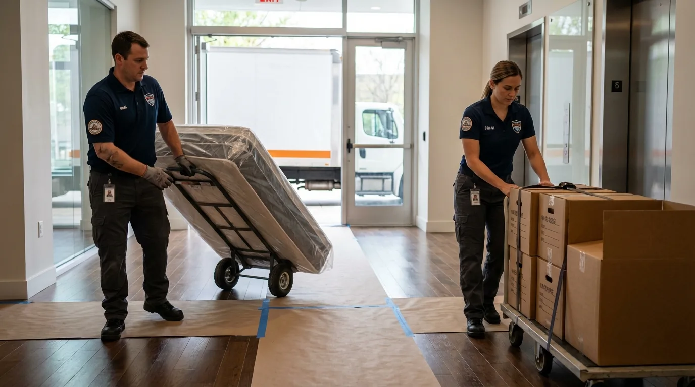 Professional apartment movers loading elevator in Stedman, NC